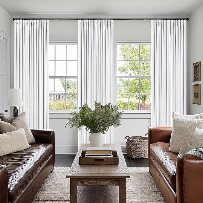 Snow White Pinch Pleated Blackout Linen Curtains 86 Inches Long for Bedroom Pleated 100% Black Out Drapes with Liner Modern Farmhouse Extra Long 86 Inch Window Curtain Panel for Living Dining Room