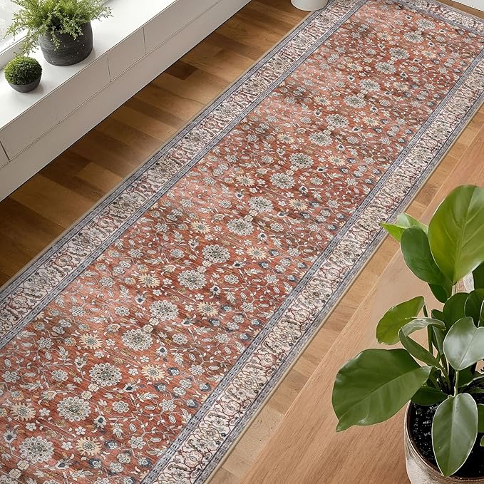 KUTA Vintage Washable Long Runner Rug, 2.6x18 Red Clay Runners for Hallways Non-Slip Kitchen Rugs Ultra Thin Soft Printed Distressed Floral Floor Carpet for Laundry Bedroom Living Room Nursery