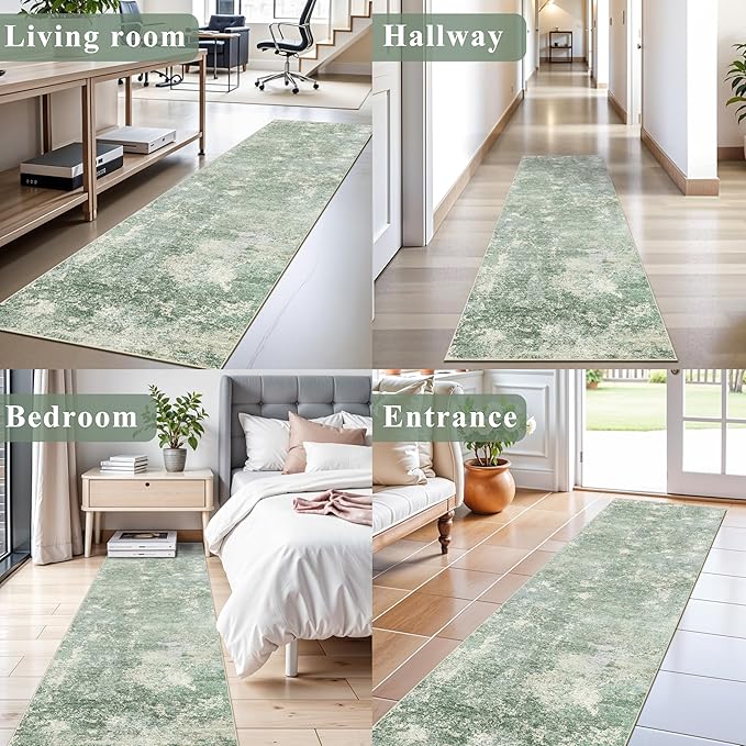 2x8 Washable Hallway Runner Rug – Non-Slip Modern Abstract Neutral Low-Pile Stain-Resistant Carpet Runner for Kitchen Entryway Bedroom Bathroom (Sage Green,2x8)