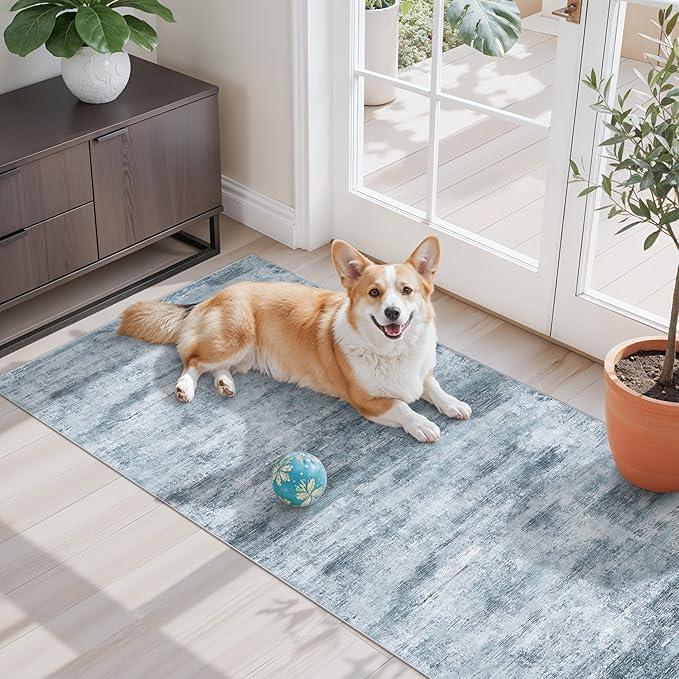 2x5 Non-Slip Washable Runner Rug – Modern Neutral Abstract Small Rug for Hallway, Kitchen, Bathroom, Bedroom, Entryway, Laundry Room – Thin Soft Low-Pile Rubber Backing (Blue Grey)