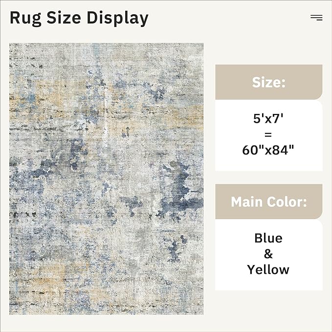 Soalmost Abstract Rug 5x7 Machine Washable Area Indoor Blue Yellow Low Pile Non-Slip Foldable Thin Accent Rugs for Bedroom Living Room Dining Room