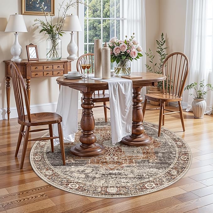 Living Room 4round Area Rugs - Boho Rugs for Bedroom Dining Room Stain Resistant Carpet Vintage Tribal Rugs for Kitchen Bathroom with Non Slip Backing Home Decor Floor Mat 4ft Brick
