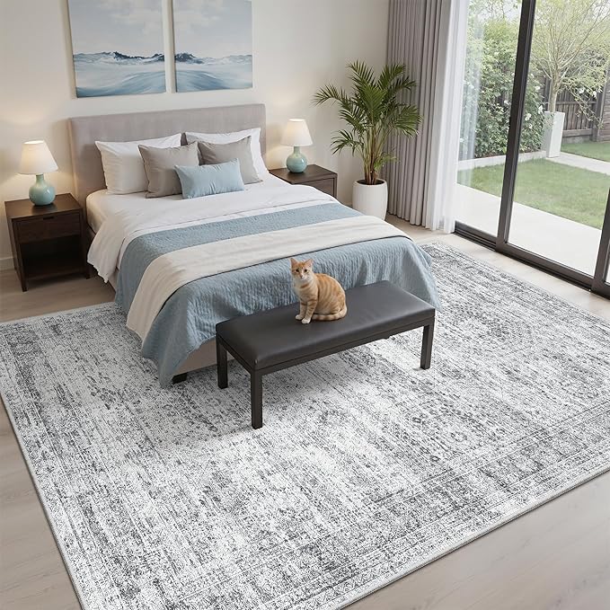 Soalmost 5x7 Area Rugs Gray Low Pile Indoor Washable Trendy Faded Style Rugs for Bedroom Living Room Dining Room Foldable Non-Slip Thin Grey Print Mat