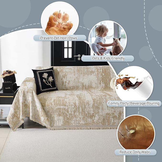 MYSKY HOME Couch Cover for Dogs Washable Couch Sofa Protector for Loveseat Sofa with Cats Pets Friendly Chenille Khaki Abstract Geometric Sofa Covers Soft Durable Farmhouse Sofa Slipcovers, 91" X118"