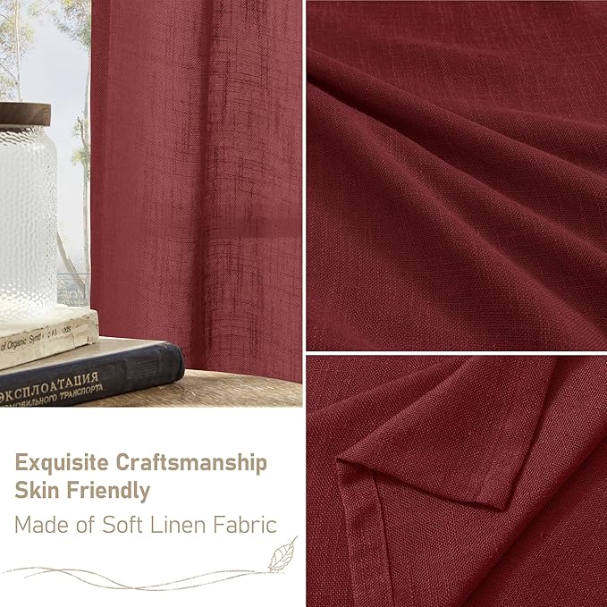 LAMIT Burgundy Red Sheer Linen Curtains, 80 inch Light Filtering Semi Sheer Panels Back Tab and Rod Pocket Christmas Drapes for Bedroom/Living Room, 2 Panels, 52 x 80 Inch