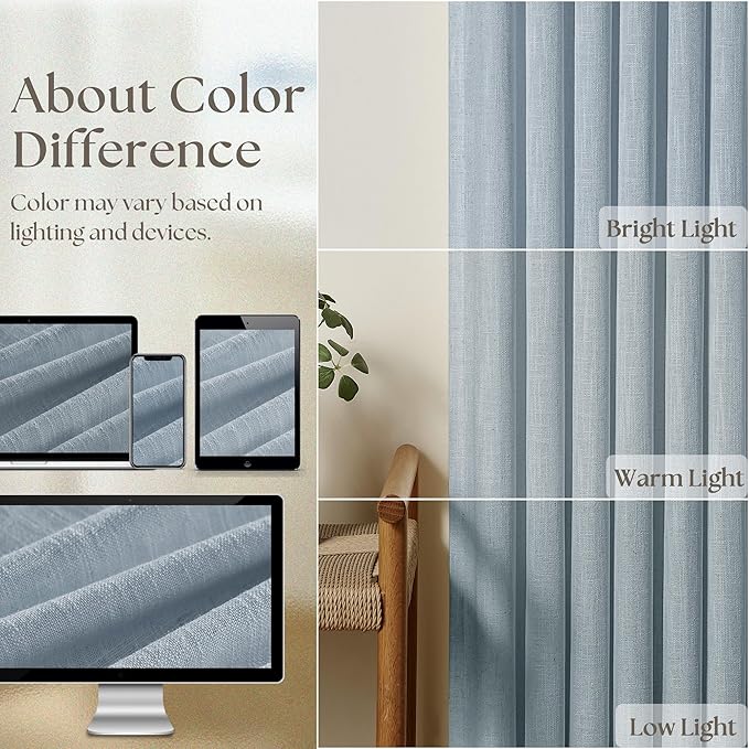 Dusty Blue Linen Pinch Pleated Curtains 108 Inches Long 2 Panels for Living Room Bedroom Light Filtering Drapes 108 Inch Length Sky Grey Blue Semi Sheer Memory Shape Trained Ceiling Floor Curtain
