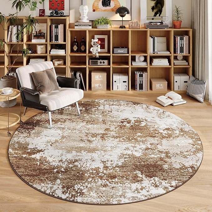 Brown Round Area Rugs 4ft Washable Circle Rug for Entryway Kitchen, Non Slip Soft Low Pile Stain Resistant, Boho Circular Carpet for Living Room Bedroom Dorm Dining Room Table, Abstract Coffee