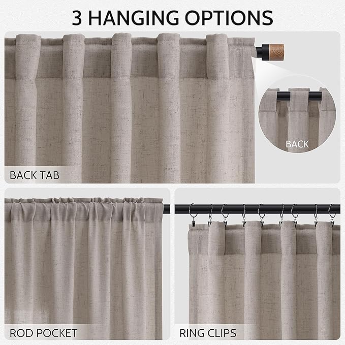 Nanspring Stone Beige Curtains 63 Inch Length for Living Room Linen Luxury Light Filtering Semi Sheer Curtain Back Tab Simple Modern Elegant Farmhouse Decor Drapes for Bedroom Office 52x63, 2 Panels
