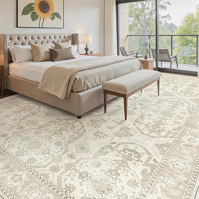 Soalmost 10x14 Area Rugs for Living Room, Non Slip Machine Washable Vintage Rugs, Low Pile Lightweight Large Rug for Bedroom, Dining Room, Home Office Beige/Brown