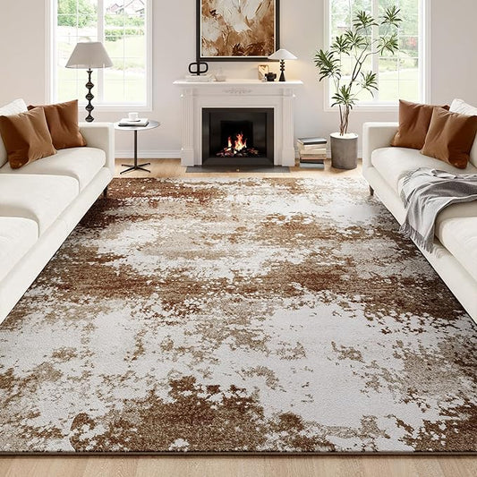 Brown Washable Rug 6x9 Area Rugs for Living Room Bedroom Carpet, Indoor Vintage Abstract Boho Large Rug Non Slip Faux Wool Rugs for Dorm, Dining Room Table, Nursery, Kids Playroom, Coffee