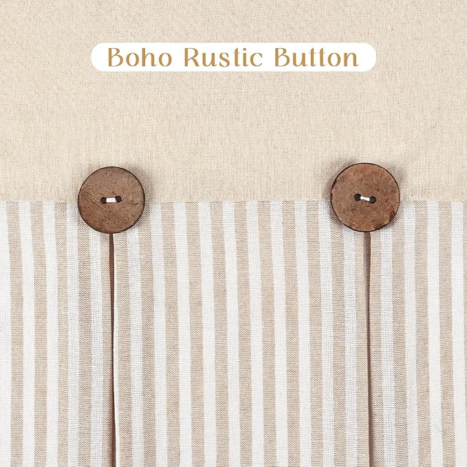 ASPMIZ Farmhouse Cotton Linen Valances for Windows, Boho Kitchen Curtains Valances with Rustic Button, Khaki Striped Window Treatments Curtain Valance for Bathroom Cafe, 60 x 14 Inch, 1 Pannel