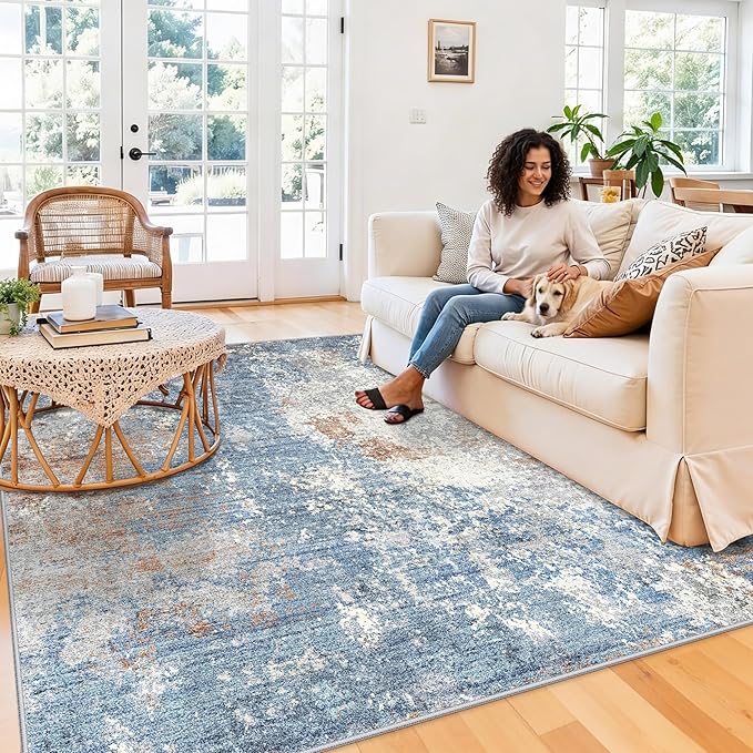 8x8 Square Living Room Area Rug – Washable Modern Neutral Abstract Indoor Rug for Bedroom, Dining Room, Kitchen – Non-Slip Soft Low-Pile Floor Carpet (Blue Rust,8x8)