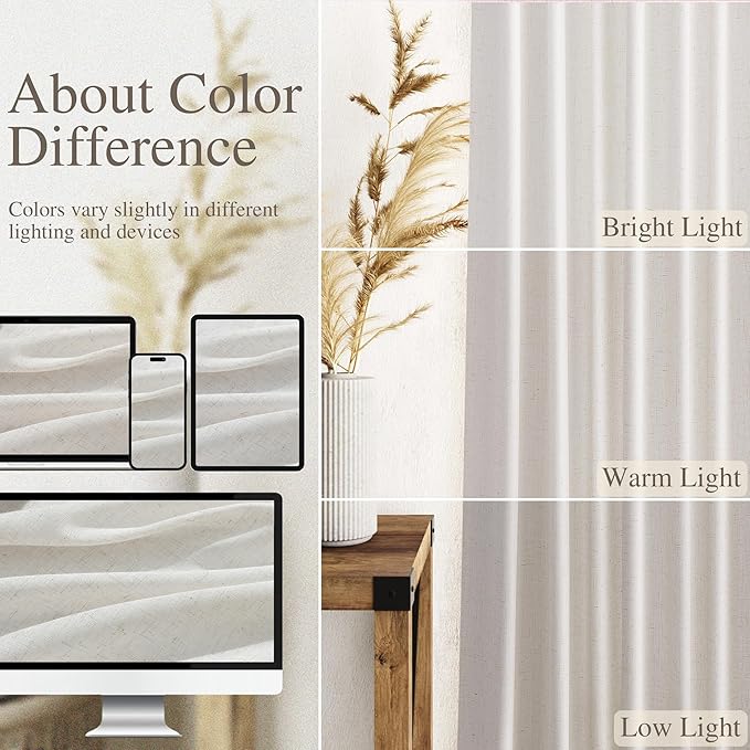 Nanspring Natural Linen Curtains 63 Inch Length for Living Room Country Light Filtering Semi Sheer Curtains Farmhouse Decor Curtain for Bedroom Dinner Room Back Tab and Rod Pocket 52x63, 2 Panels