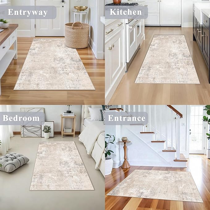3x4 Washable Entryway Area Rug – Non-Slip Modern Abstract Small Area Rug for Kitchen, Bedroom, Bathroom – Soft Low-Pile Thin Indoor Door Mat (Beige Grey,3x4)