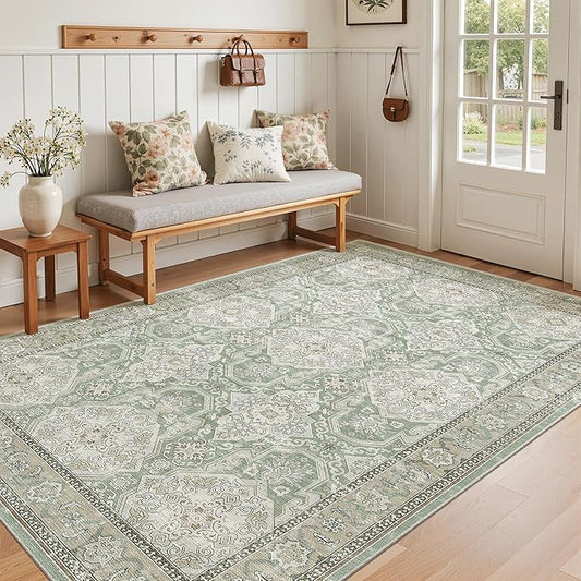 Soalmost 3x5 Rug, Small Area Rug for Kitchen, Entryway, Machine Washable Non-Slip Throw Rug, Vintage Carpet for Nursery Coffee Table Green/Brown