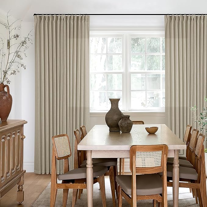 Farmhouse Pleated Linen Khaki Curtains 102 Inches Long 2 Panels Set for Living Room Bedroom Rustic Boho Cotton Linen Oatmeal Back Tab Memory Shape Pinch Pleat Ceiling Floor 102 Inch Window Curtain