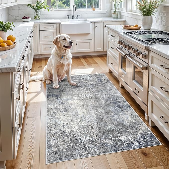 3x4 Washable Entryway Rug – Non-Slip Modern Abstract Small Area Rug for Kitchen, Bedroom, Bathroom – Soft Low-Pile Thin Indoor Door Mat （Blue Grey,3x4）