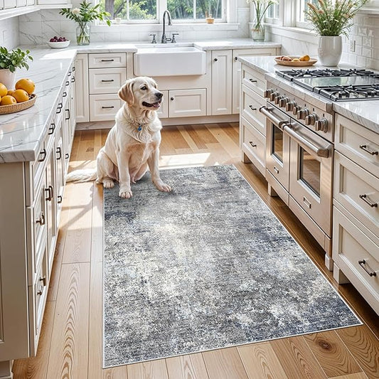 3x4 Washable Entryway Rug – Non-Slip Modern Abstract Small Area Rug for Kitchen, Bedroom, Bathroom – Soft Low-Pile Thin Indoor Door Mat （Blue Grey,3x4）