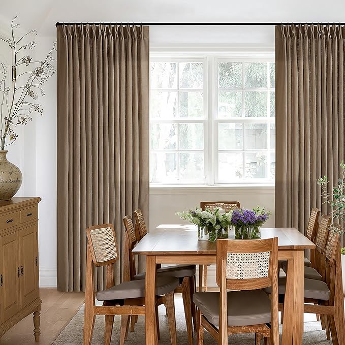 TWODRAPES Brown Linen Pinch Pleated Curtains 108 Inches Long 2 Panels for Living Room Bedroom Light Filtering Drapes 108 Inch Length Dutch Cocoa Semi Sheer Memory Shape Trained Ceiling Floor Curtain