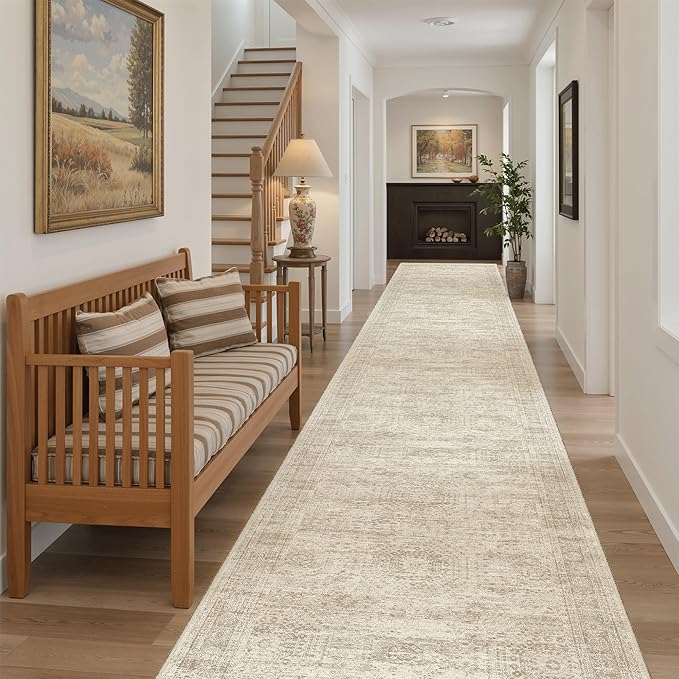 Soalmost Hallway Runner Rug 3x16 - Vintage Non Slip Washable 16ft Kitchen Runner for Entrance Soft Long Carpet Runners for Living Room Bedroom Dining Room, Beige