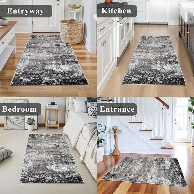 3x5 Washable Entryway Rug – Non-Slip Rubber Backed Small Area Rug for Kitchen, Bedroom, Living Room, Office – Soft Low-Pile Thin Modern Abstract Neutral Throw Rug （Black Grey,3x5）