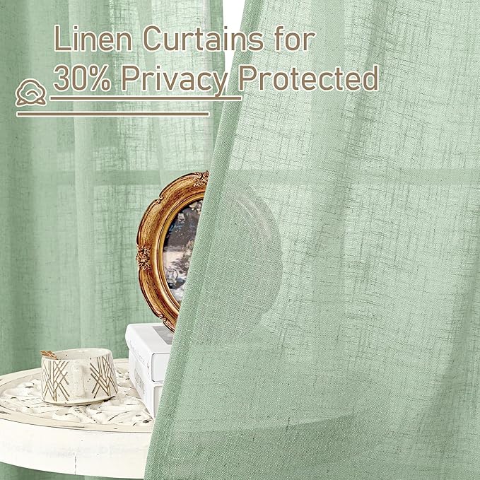 LAMIT 54 Inch Semi Sheer Window Linen Curtains, Light Filtering Panels Back Tab and Rod Pocket Country Decor Drapes for Bedroom/Farmhouse, Fresh Green, 2 Panels, 34 x 54 Inch