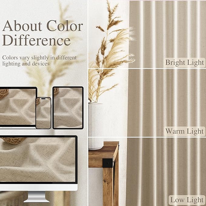 Nanspring Taupe Burlywood Curtains 90 Inches Long for Living Room Linen Blend Semi Sheer Country Farmhouse Decor Curtains Back Tab Privacy Burlap Textured Curtain for Bedroom 52x90, 2 Panels
