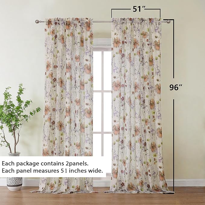 OWENIE Crushed Sheer Curtains 96 Inches Long 2 Panels Set, Sheer Floral Curtains Printed Drapes on Sheers for Living Room Bedroom, Rod Pocket Light Filtering Window Sheers (2 Panels, 51" x 96")
