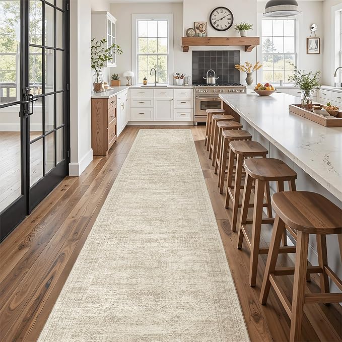 Soalmost Runner Rug 2'6" x 16' Washable Non-Slip 2.5x16 ft Long Runner Rugs for Kitchen Bathroom Laundry Room Vintage Ultra Thin Runners for Hallway Entryway Beige