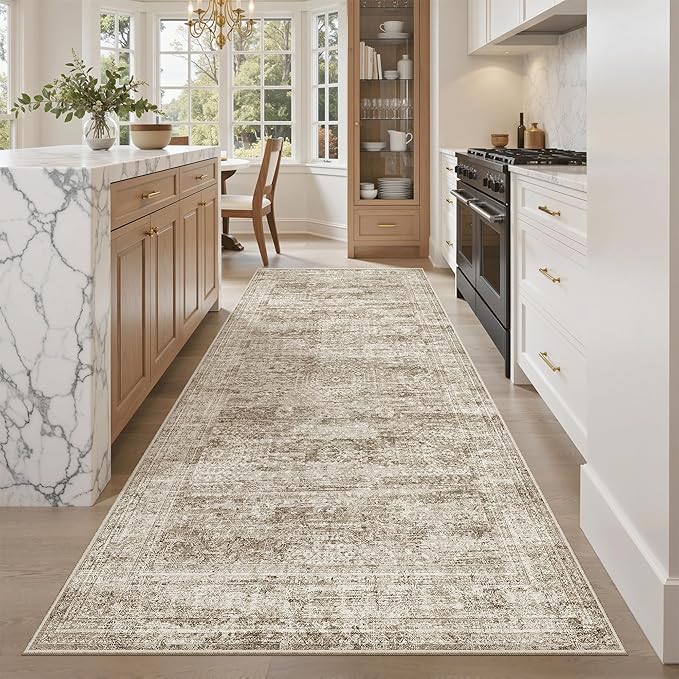 Soalmost Hallway Runner Rug 4x8 Wide: Washable Thin Runners for Hallways Entry, Non Slip Soft Vintage Kitchen Area Rugs for Living Room Bedroom Dining Room Foyer (Brown, 4x8)