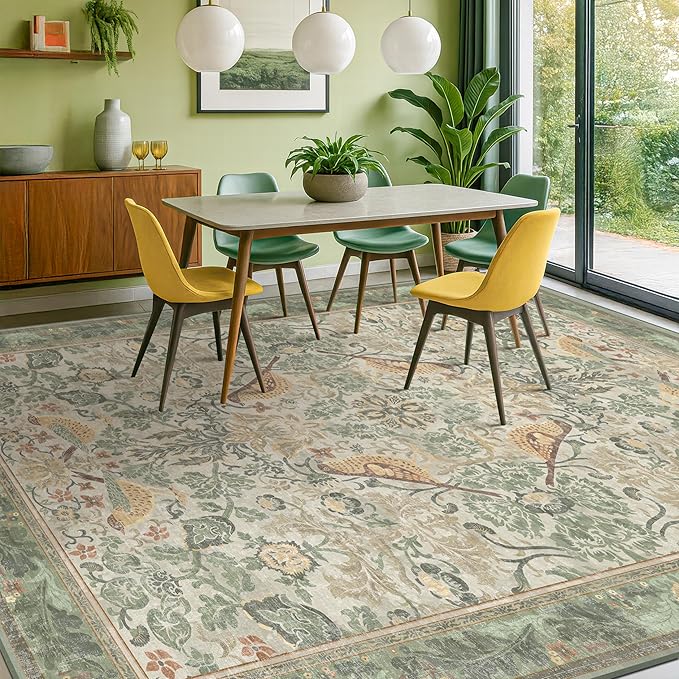 Hazo Haus Washable Floral Bird Rugs for Living Room - Sage Green 8x10 Area Rugs for Bedroom Under Bed, Dining Room Kitchen Table Rug for Under Table, Nature Botanical Decor, Stain Resistant Non-Slip