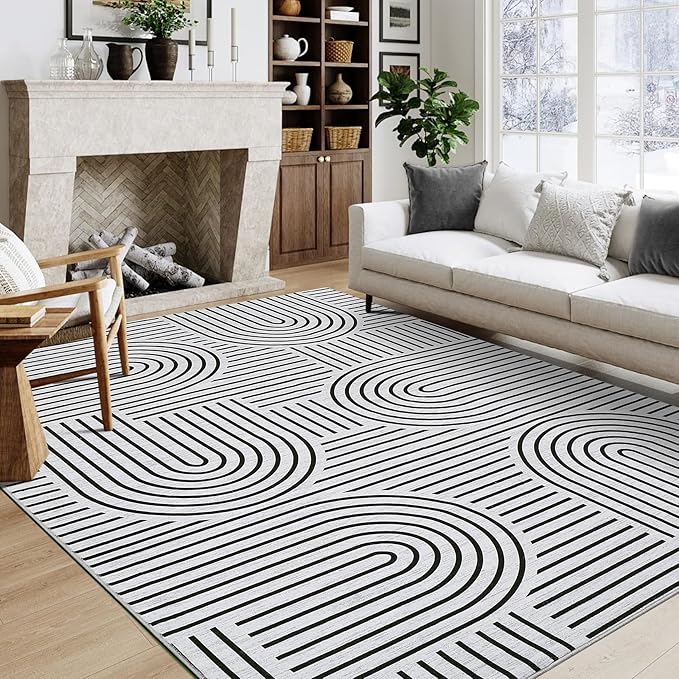 ROYHOME Washable Rug 10x13 Area Rugs for Living Room, Abstract Rug for Bedroom, Soft Rainbow Rugs with Rubber Back, Low Pile Stain Resistant Boho Geometric Rug for Dining Room, Blackwhite