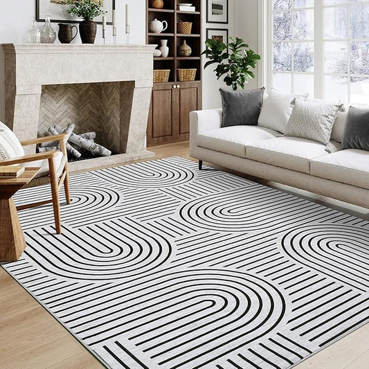 ROYHOME Washable Rug 10x13 Area Rugs for Living Room, Abstract Rug for Bedroom, Soft Rainbow Rugs with Rubber Back, Low Pile Stain Resistant Boho Geometric Rug for Dining Room, Blackwhite