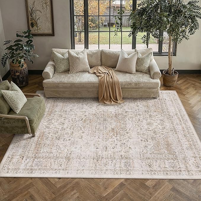 5x7 Washable Area Rug Beige Vintage Non Slip Soft Low Pile Rug for Living Room Bedroom Dining Room Office Distressed Oriental Indoor Throw Carpet for Home Decor