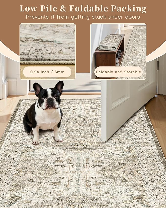 Madane Runner Rug 2'6''x8' Kitchen Runner, Hallway Runner Printed Vintage Washable Rugs Soft Non-Slip Low Pile Runners for Hallways Laundry Room Rug Distressed Rug, Ivory/Brown