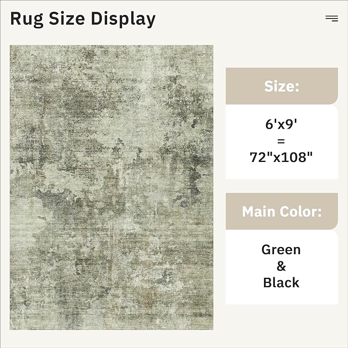 Soalmost Area Rug 6x9 Abstract Living Room Washable Rugs Green Black Non Slip Low Pile Carpet for Bedroom Dining Room Foldable Thin