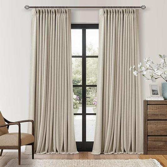 108 Inch Pinch Pleat Blackout Curtains 108 Inches Long for Bedroom Neutral Farmhouse 100% Black Out Room Darkening Burlap Thick Linen Double Layer Pleated Curtain 2 Panels Set Oatmeal Beige Sand