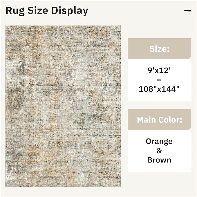 Soalmost 9x12 Area Rugs for Living Room, Non-Slip Machine Washable Vintage Rugs, Abstract Low Pile Lightweight Large Rug for Bedroom, Dining Room, Home Office Orange