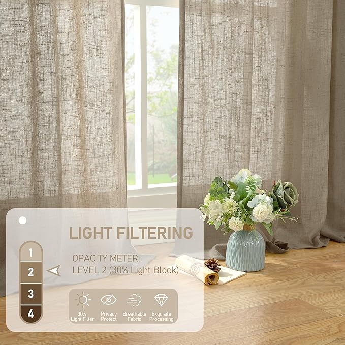 LAMIT 95 Inches Long Linen Curtains for Living Room, Back Tab and Rod Pocket Semi Sheer Curtains Light Filtering Farmhouse Drapes for Bedroom/Dining Room, Taupe, Set of 2, 52 x 95 Inch
