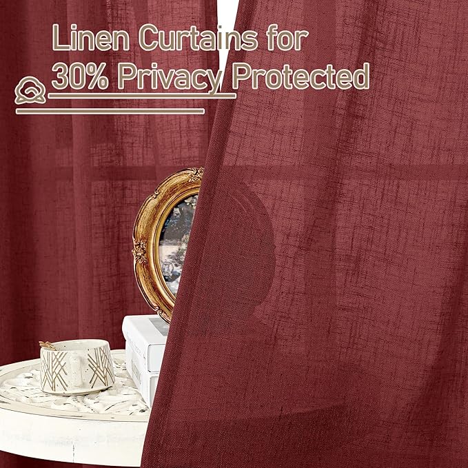 LAMIT Burgundy Red Sheer Linen Curtains, 80 inch Light Filtering Semi Sheer Panels Back Tab and Rod Pocket Christmas Drapes for Bedroom/Living Room, 2 Panels, 52 x 80 Inch
