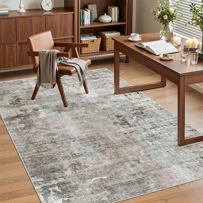 Soalmost 3x5 Rug, Abstract Small Area Rug for Kitchen, Entryway, Machine Washable Non-Slip Throw Rug, Vintage Carpet for Nursery Coffee Table Pink Grey