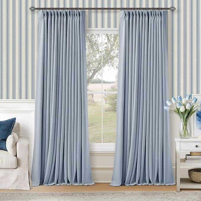 Light Blue Pinch Pleated Blackout Curtains 102 Inches Long for Kids Bedroom 100% Black Out Thick Linen Dual Layer Pleated Drapes Farmhouse Coastal Sky Blue 102 Inch Curtain for Dining Living Room