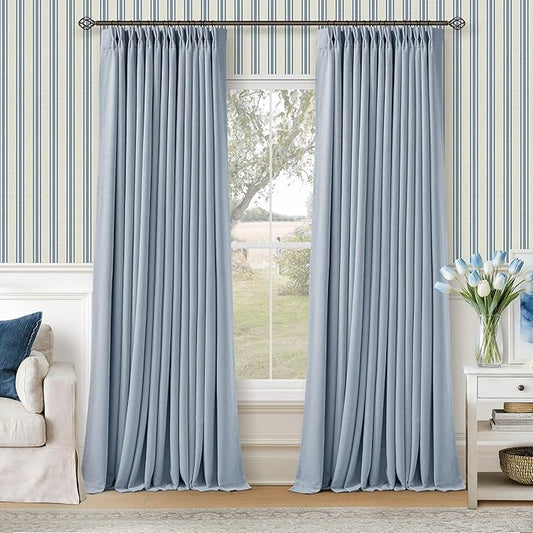 Light Blue Pinch Pleated Blackout Curtains 102 Inches Long for Kids Bedroom 100% Black Out Thick Linen Dual Layer Pleated Drapes Farmhouse Coastal Sky Blue 102 Inch Curtain for Dining Living Room