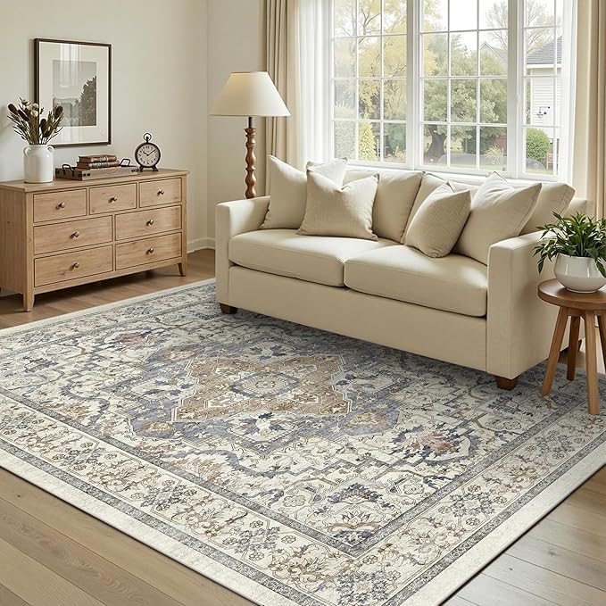 Beige 5x7 Washable Area Rug, Non-Slip Soft Ultra-Thin Polyester Carpet with Vintage Stain Resistant Indoor Rug for Living Room, Bedroom, Dining Room, Nursery Oeko-TEX - Beige/Blue