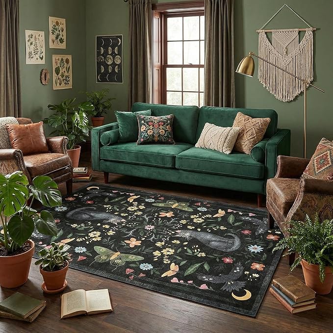 GarveeHome 5x7 Cat Area Rug Black Washable Rugs for Living Room Bedroom, Soft Mushroom Floral Low Pile Non Slip Floor Mat Animal Print Throw Rug Indoor Carpet for Dorm Playroom Gothic Decor