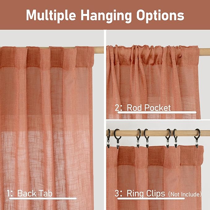 LAMIT Terracotta Linen Curtains for Living Room 108 inch Length 2 Panels, Light Filtering Semi Sheer Panels Back Tab and Rod Pocket Fall Panels for Bedroom/Sliding Glass Door, 52 x 108 Inch