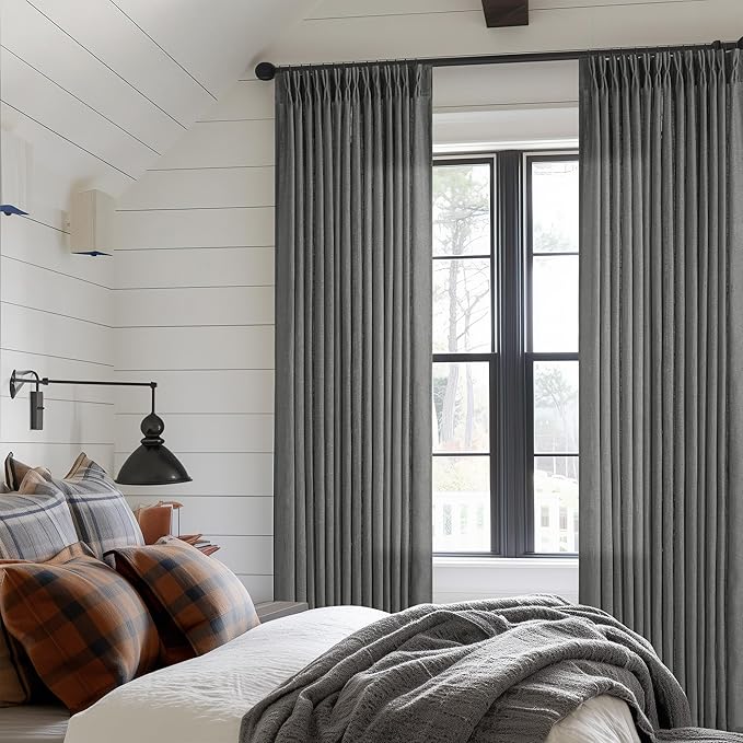 TWODRAPES Dark Grey 80 Inch Pinch Pleated Linen Curtains 2 Panel Set for Living Room Thick Linen Drapes 80 Inches Long Pinch Pleat Drapes Semi Sheer Curtain for Dining Bedroom Office Charcoal Gray