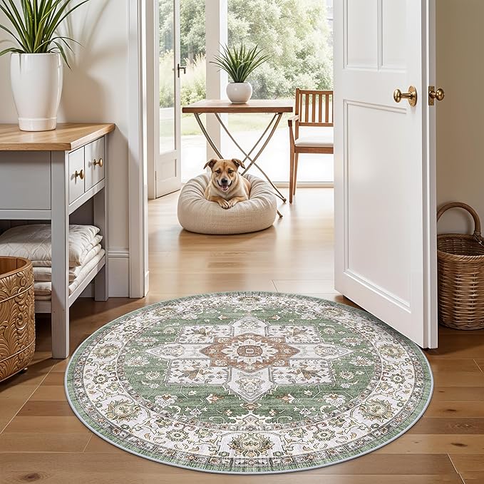 RUUGME Washable 4round Area Rugs - Boho Rugs for Living Room Stain Resistant Carpet Vintage Tribal Rugs for Bedroom Kitchen Bathroom with Non Slip Backing Home Decor Floor Decoration Mat 4ft Sage