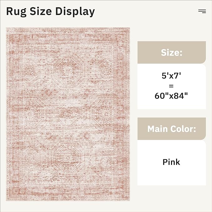 Soalmost 5x7 Area Rugs Pink Low Pile Indoor Washable Trendy Faded Style Rugs for Bedroom Living Room Dining Room Foldable Non-Slip Thin Print Mat