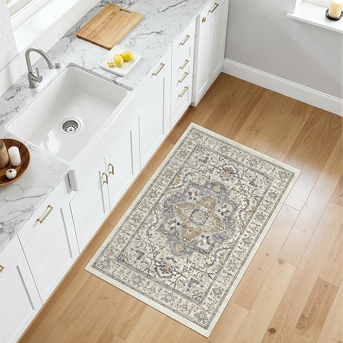 Washable Entryway Runner Rug - 2x3 Kitchen Rug Distressed Low Pile Mats Non Slip Soft Rugs for Dining Room with Rubber Backing Bedroom Runner with Vintage Design (Beige/Blue 2x3)